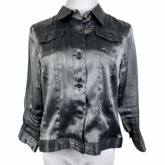 Ruby Rd. Gray Shiny Metallic Button Down Blouse - Picture 1 of 9